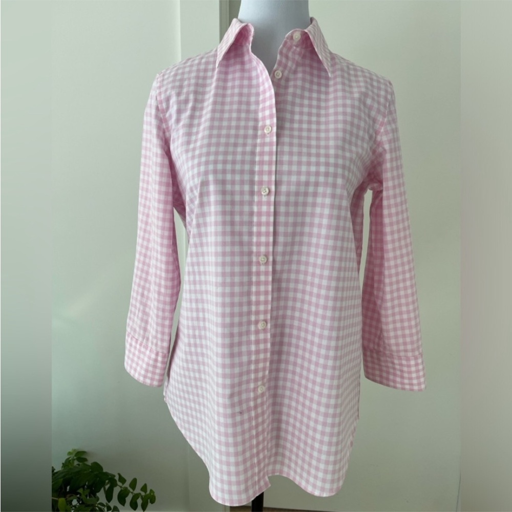 CHAPS Pink White Gingham Button Front Shirt 3/4 Sleeve Casual Office